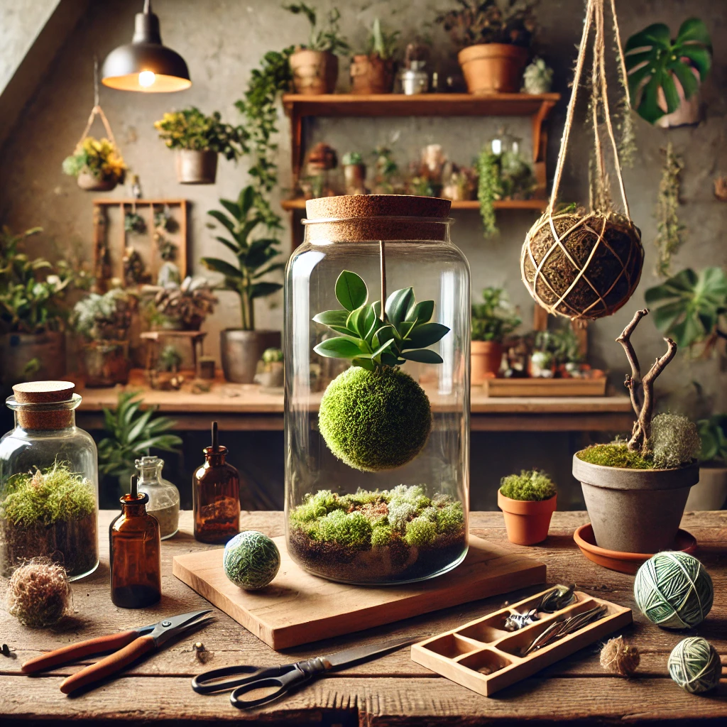 Création d’un terrarium avec un ficus dans une boule de kokedama, des plantes grasses et de la mousse.