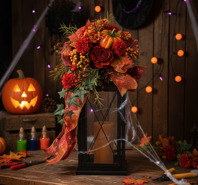 lanterne de sorcière décorée pour halloween avec des fleurs